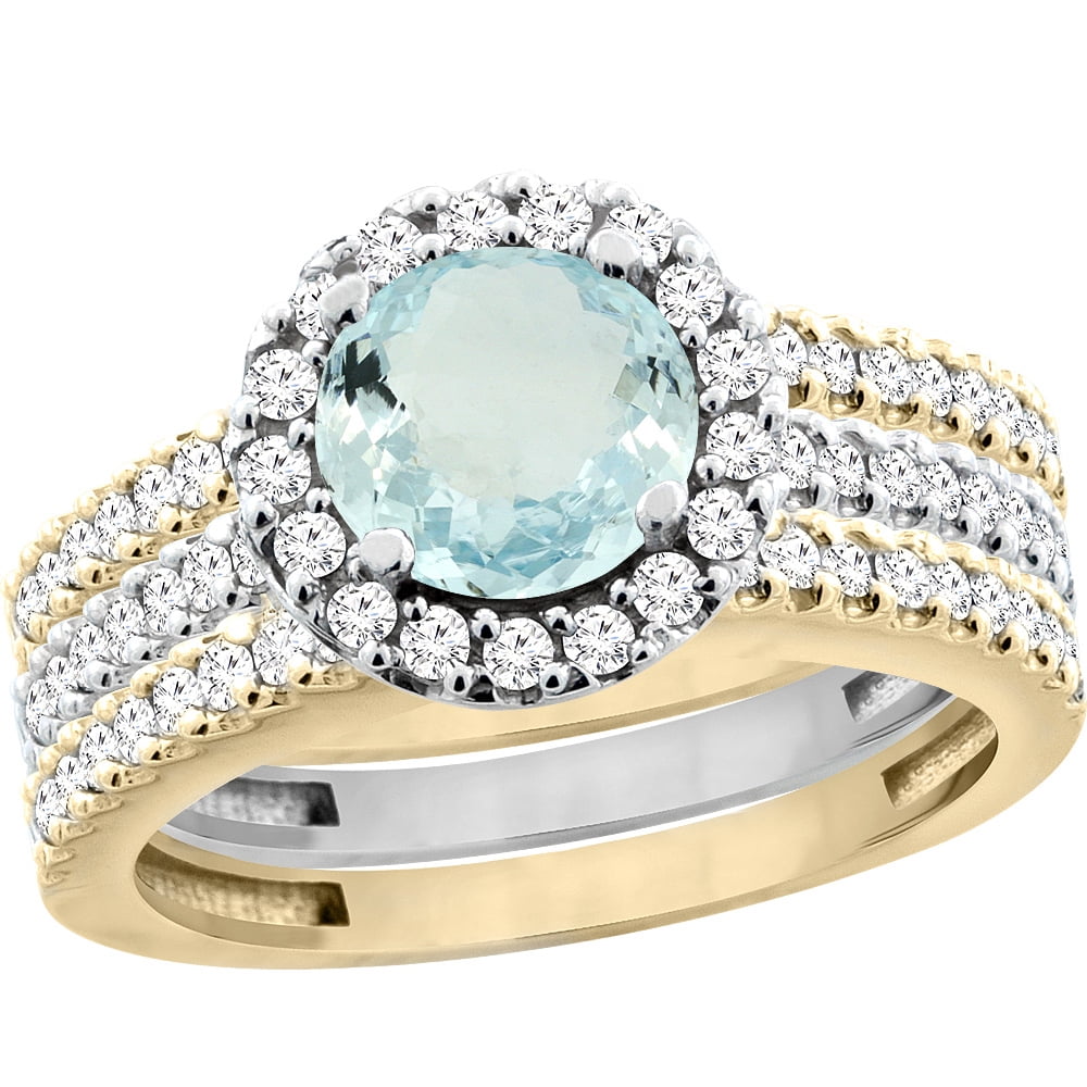 10K Gold Natural Aquamarine 3-Piece Ring Set Two-tone Round 6mm Halo Diamond, size 6.5 by Gabriella Gold