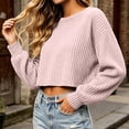 thumbnail image 4 of thefmos Women's Cropped Ribbed Knit Top Round Neck Long Sleeve Short Sweater Fashion Fall Winter Casual Outfit, Pink L, 4 of 6