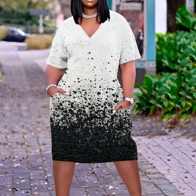 Amzcrzy Robes pour Femmes Robes Grande Taille pour Femmes aux Courbes Robes pour Femmes Robe Ample Imprimée Décontractée à Manches Courtes à Col en V Longueur Genou Robe Midi pour Femmes