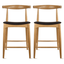 2xhome Solid Wood Farmhouse 25" Counter Stools with PU Leather Cushion Seat, Modern Accent Dining Elbow Chair Barstool (Natural Set of 2)