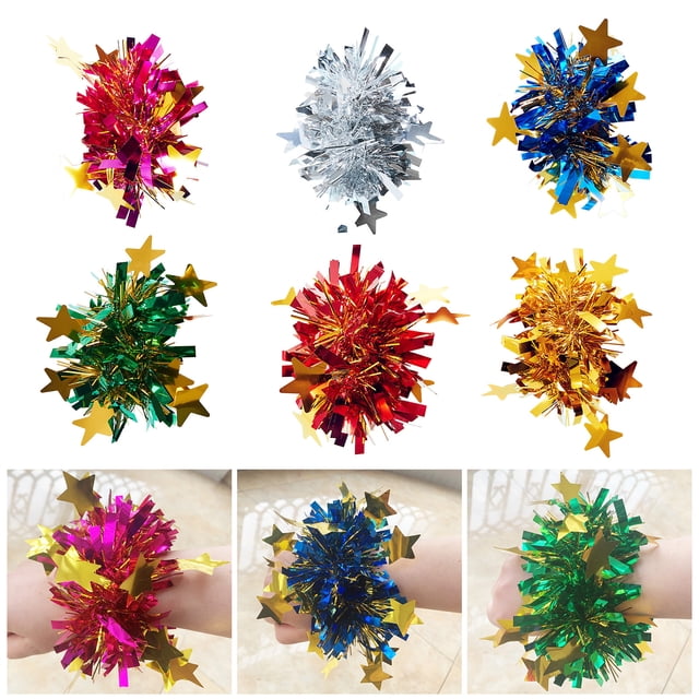 6Pcs Metallic Pom Poms Cheerleading Elastic Hair Ropes Stage Performance Elastic Band Bracelet with Star Decor Celebration Volleyball Game Wrist Flower