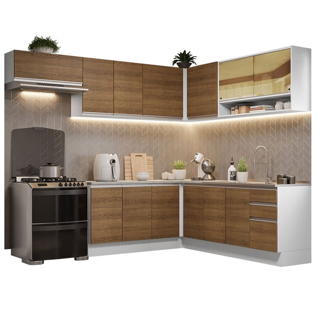 Cocina Integral Completa Esquinera Madesa Glamy 469cm 01 - Blanco/Marrón Madesa GCGL469001