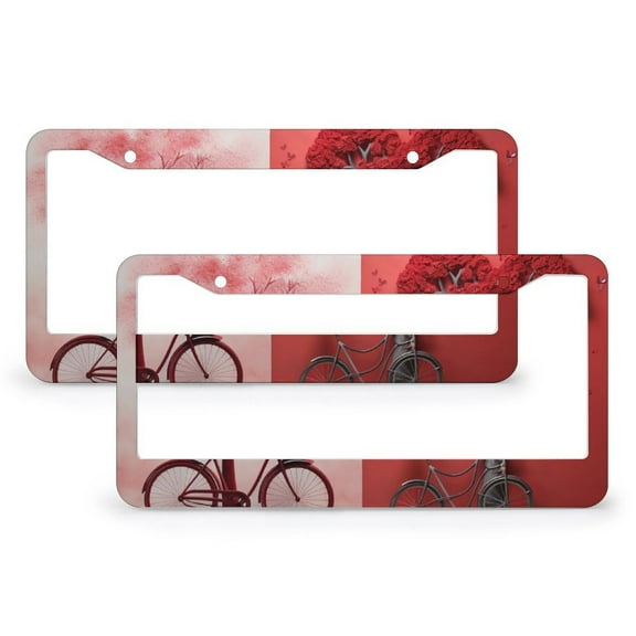 2 PCS Red Heart Tree With Love Bicycle License Plate Frame Valentines Day Holiday Customized Decor Car Tag Aluminum 2 Holes Funny Cute for USA Canada Vehicles