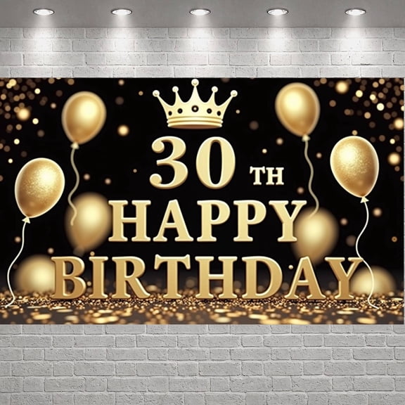Golden 30th Birthday Banner Crown Design Display Balloon Decor Glitter Accents 30th Party Backdrop for 30th Birthday Party Adult Celebration Milestone Event
