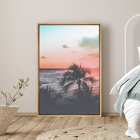 PixonSign Framed Canvas Print Wall Art Palm Trees Above Ocean Places Cityscape Photography Modern Art Contemporary Scenic Dramatic Multicolor Ultra for Living Room, Bedroom, Office - 16"x24" Natural