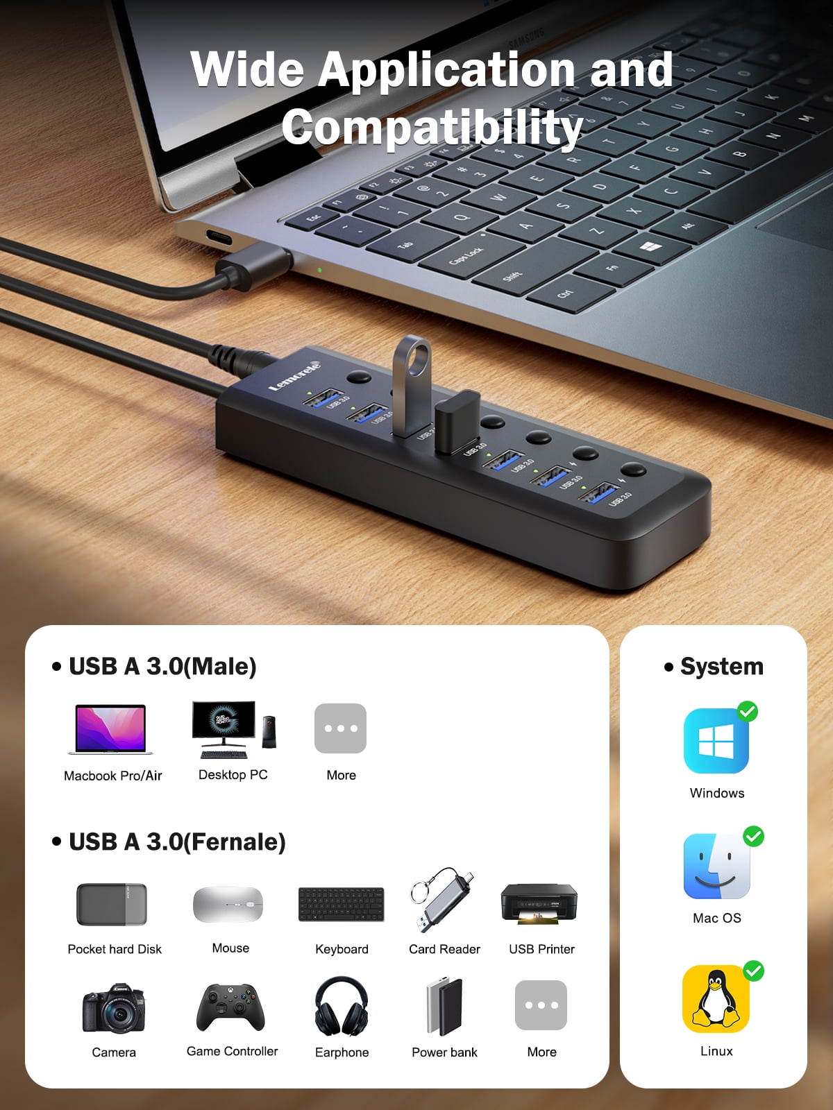 USB C Hub, 7 USB A 3.0 5Gbps Transmission + Charging, Independent Switch Control, Widely Compatible with Computers/Mobile Phones/Tablets