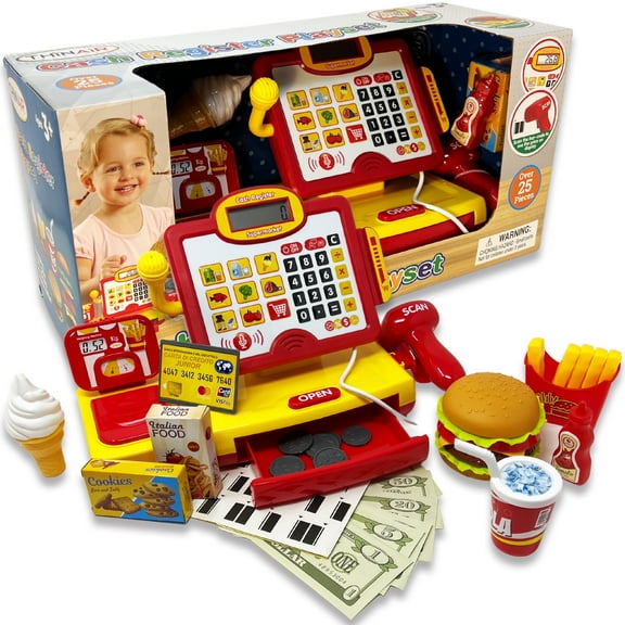 Thin Air Toys Cash Register for Kids 3 & Up | Pretend Play Set Comes with Toy Microphone, Working Scanner, Play Money, Fake Credit Card, Toy Food & Weight Scale | 25 Pieces with Lights & Sounds