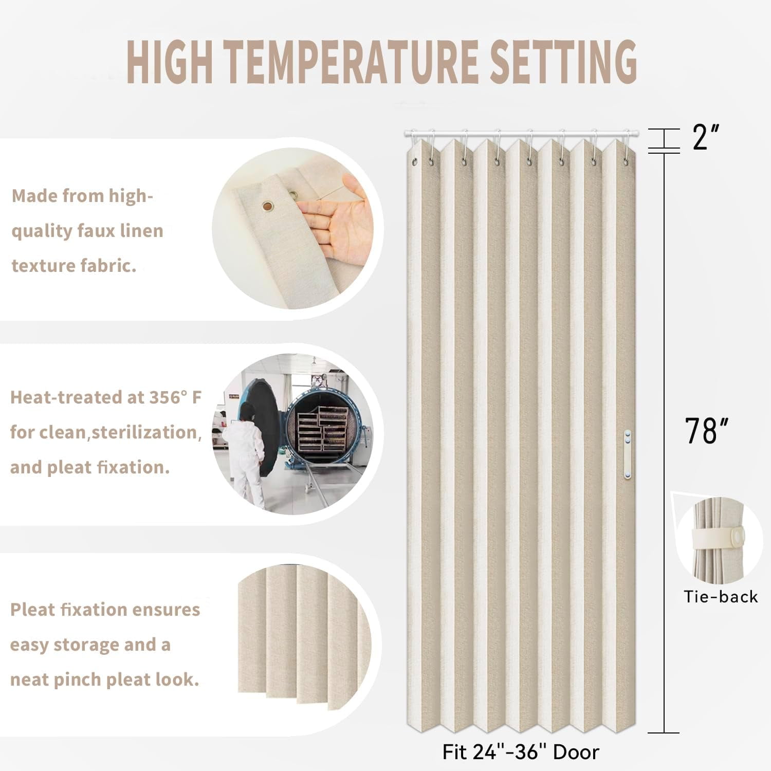 Accordion Closet Curtains, Pleated Door Curtain for Room Divider, 1 Panel, 39" W x 78" L, Beige, Space-Saving Folding Door Solution