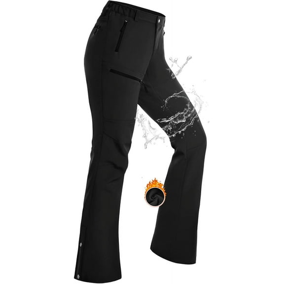 Hiauspor Womens Snow Ski Pants Fleece Lined Insulated Flare for Hiking Winter Outdoor Black L