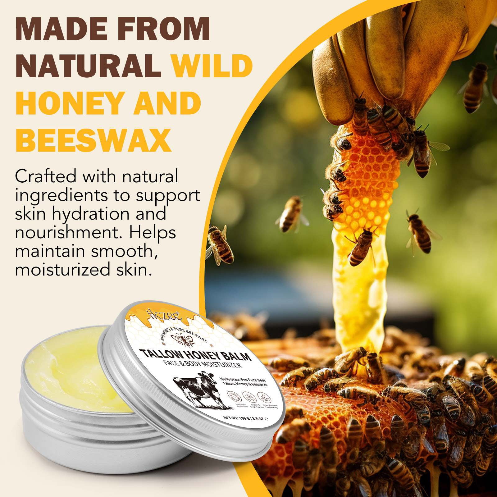 (3 pack) Ikzee Beef Tallow Balm for Skin Care 3.5oz, Face Cream Body Moisturizer, Tallow Honey Balm, Raw Honey & Pure Beeswax