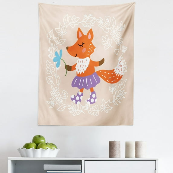 Retro Tapestry, Fox with Skirt and Polka Dotted Socks Holding a Flower on a Pastel Toned Background, Fabric Wall Hanging Decor for Bedroom Living Room Dorm, 5 Sizes, Multicolor, by Ambesonne