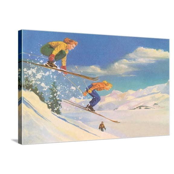 Art.com Two Women on Skis Leaping over the Snow Stretched Canvas Print Wall Art, 36" x 24"