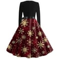thumbnail image 3 of Women's Christmas Flare Dress Long Sleeve V-Neck Retro Party Casual Dress with Snowflake, Christmas Tree, Snowman Print, Hollow Out Design for Holiday, Merry Christmas,Vermilion,S, 3 of 3