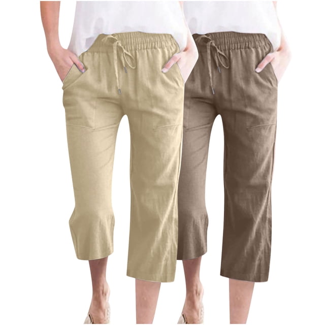 Timegard 2pc Capri Pants for Women Cotton Linen Elastic Waist Loose Lounge Crop Pants Pockets Solid Color