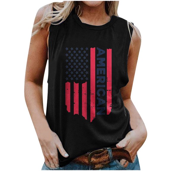 asdoklhq Juniors Plus Tops & T-Shirts,Summer Women American Flag Tank Tops USA Flag Stars Stripes Printed Sleeveless T-Shirt Tee Tops