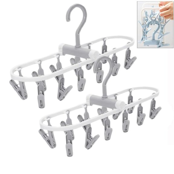 Djiypn Clothes Drying Racks 2 Pack Small Folding Portable Underwear Hangers with Clips Socks 12 Clips 360° Rotatable Hook for Drying Towels Bras, Socks, Gloves[Gray]