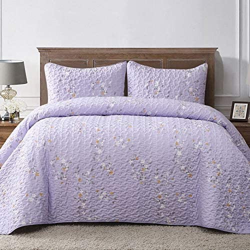 Microfiber King Size Quilt Set For All Seasons 3 Piece Flower Pattern Bedspread Coverlet Bedding With 2 Shams Lightweight And Soft 96 X104 Lilac Com Microfiber King Size Quilt Set For All, Lilac King Size Bedspread