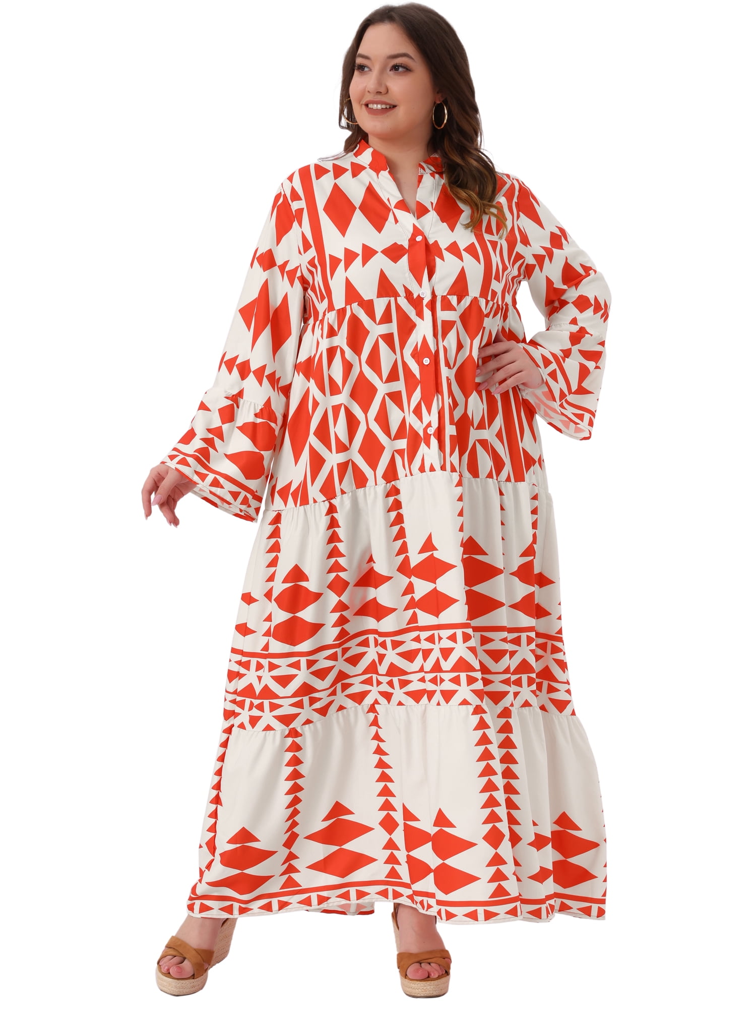 DARING DIVA Plus Size Womens Button Long Flared Bell Sleeve Dress 4X Red