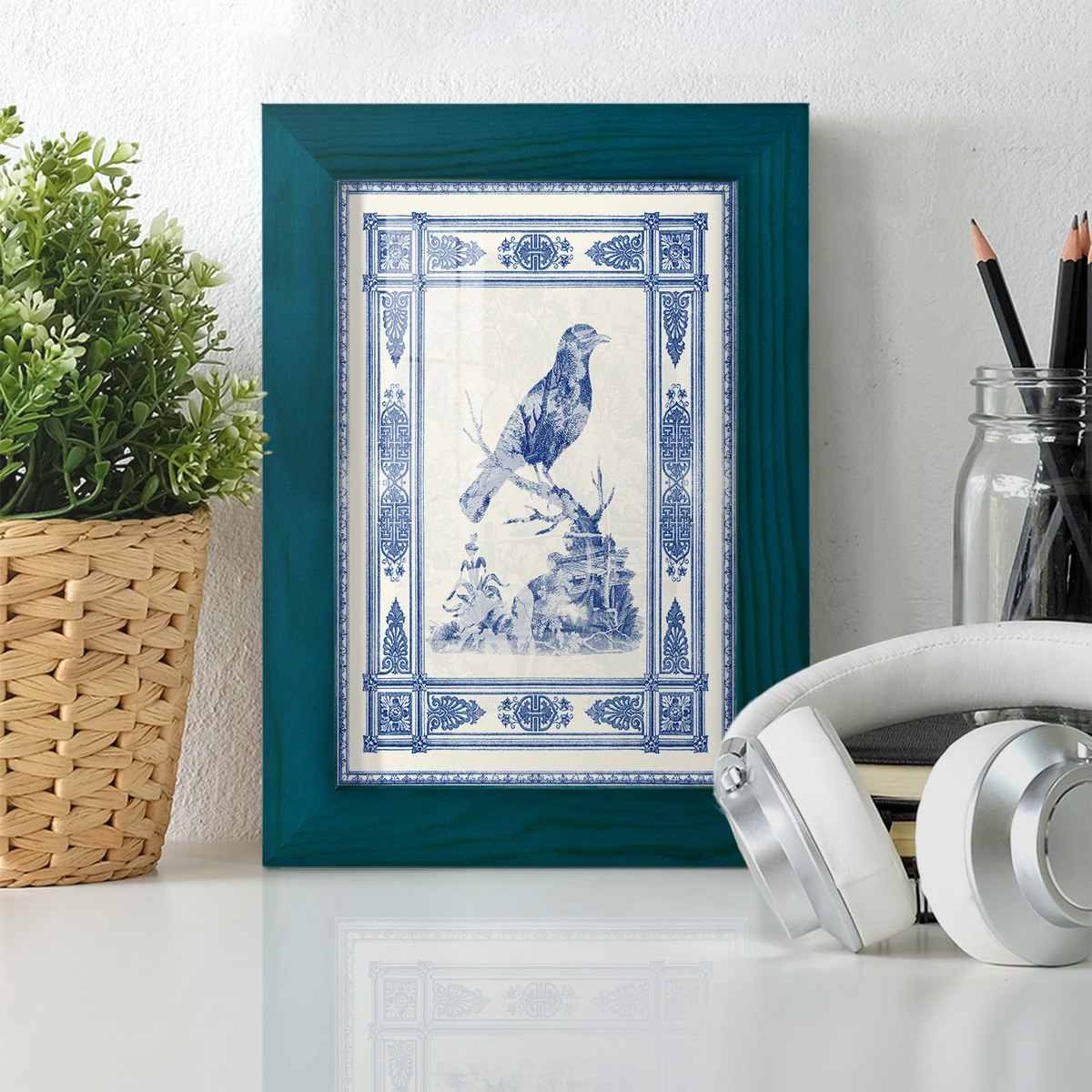Toile de Jouy I -Framed Print w/glass-Ocean Blue