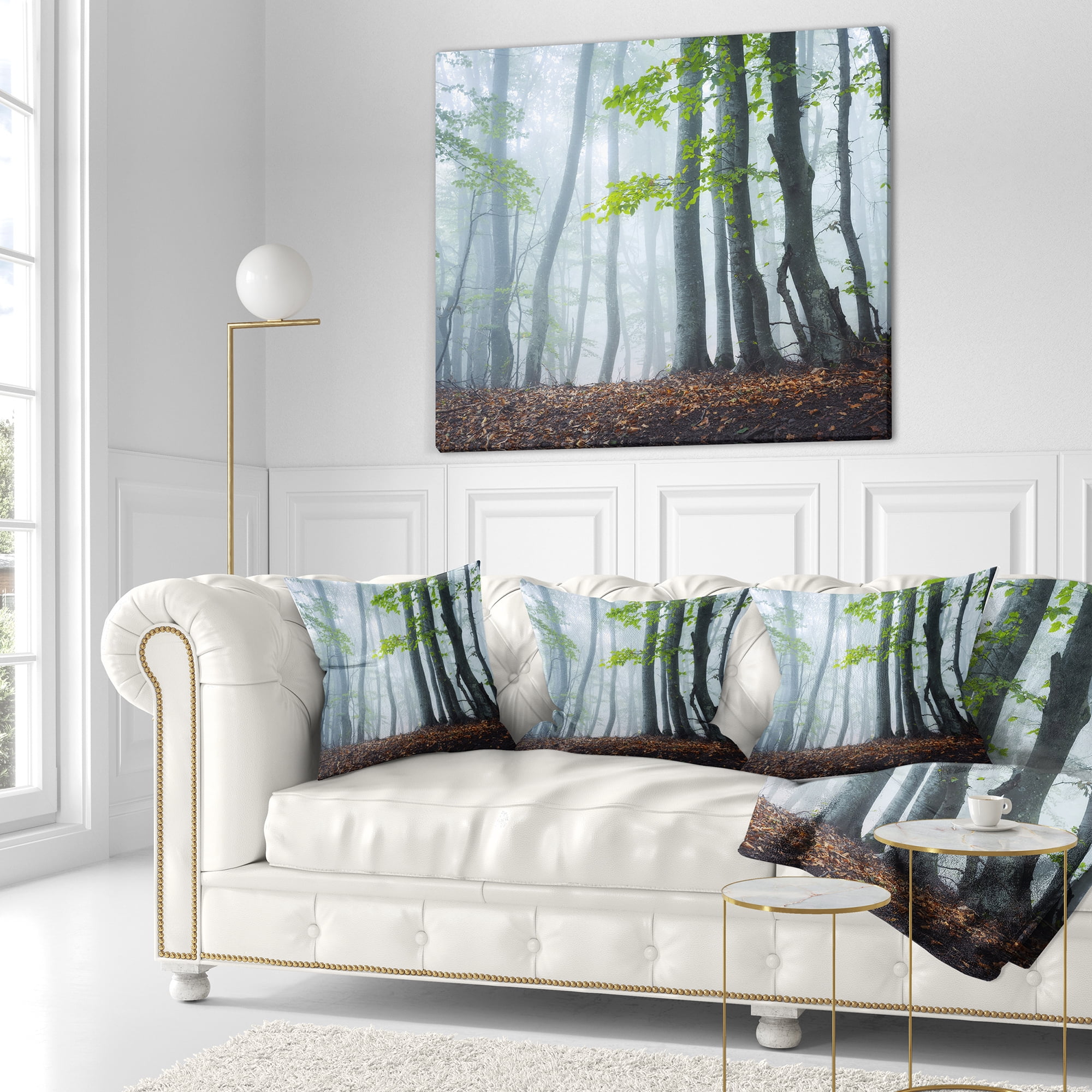Designart Green Leaves in Old Forest - Landscape Photography Throw Pillow - 16x16