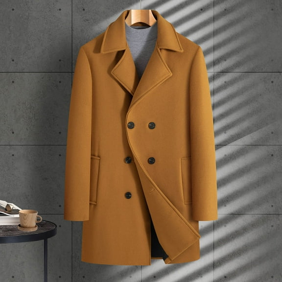 Txeol Men's Classic Notched Collar Double Breasted Wool Blend Pea Coat Mid Length Button Down Warm Trench Coats with Pockets,Brown,M