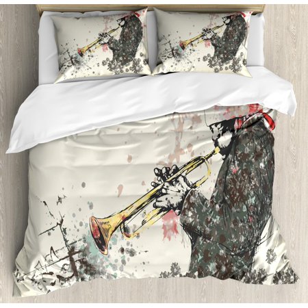 Trumpeter King Tiger New Orleans Duvet Cover Set King Size, Trumpeter Man with Hand Drawn Flowers and Color Splashes, Decorative 3 Piece Bedding Set with 2 Pillow Shams, Dark Green Vermilion and Cream, by Ambesonne ()