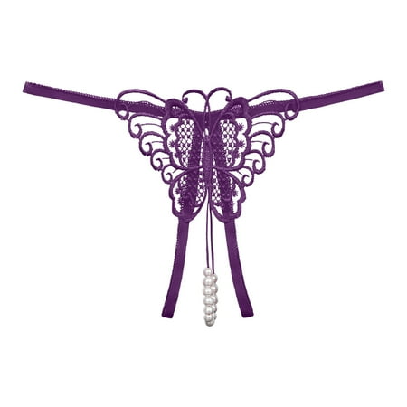 BKQCNKM Thongs for Women  Lace Underwear for Women  Lace Thongs  Cutout Pendant Pearl Beads Butterfly G String Thong Underpants  Valentines Day Underwear Purple L