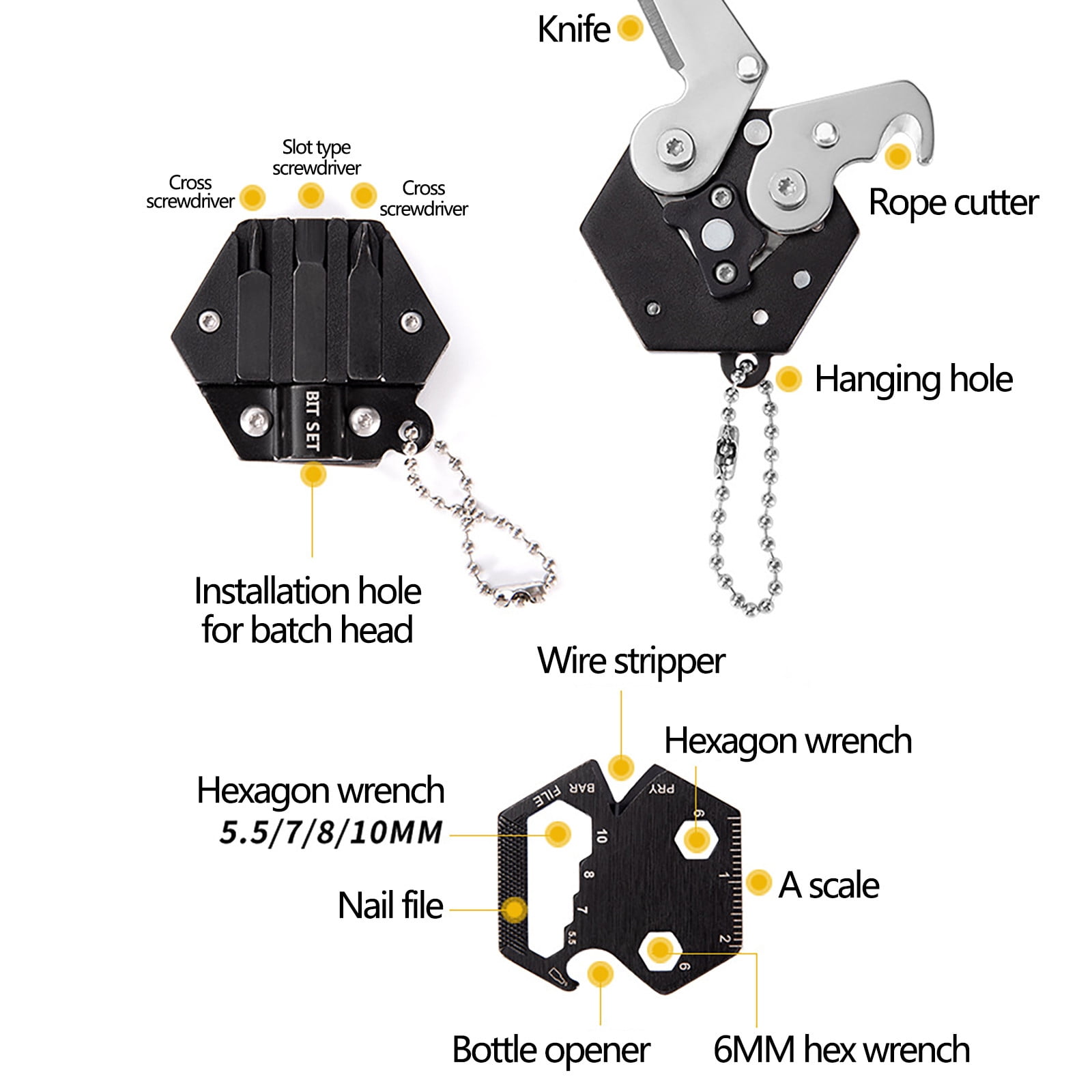 Yoziaaoa 5 Pcs Multifunction Hexagon Keychain Tool, Folding Screwdriver with Opener, Outdoor Survival Gear, Mini Pocket EDC Gift