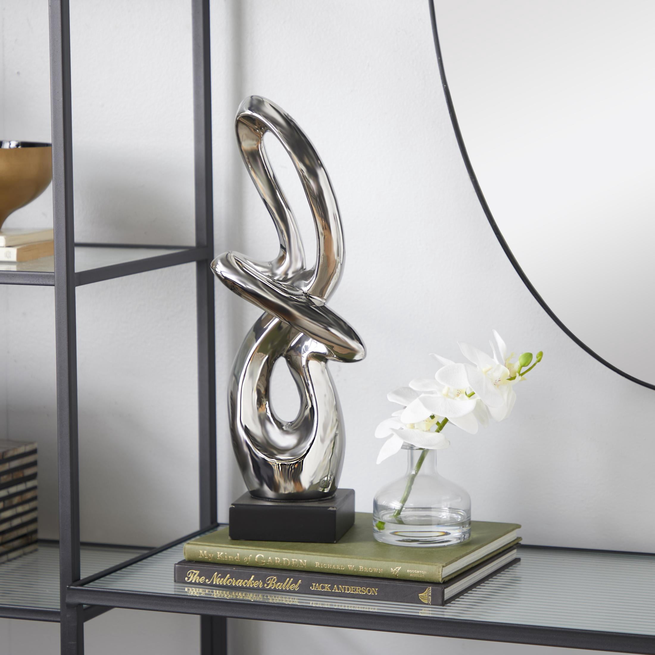7" x 18" Silver Ceramic Swirl Abstract Sculpture with Black Base, by DecMode