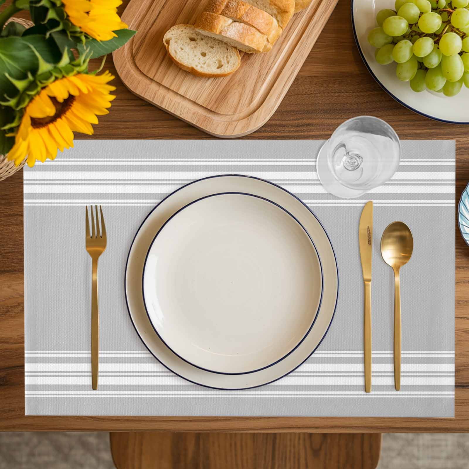 Grey Striped Placemats Set of 4, Luxurious White Stripes Modern Abstract Art Placemats for Dining Table, Place Mats for Kitchen Tabletop, Waterproof Wipeable Dining Table Mats Set