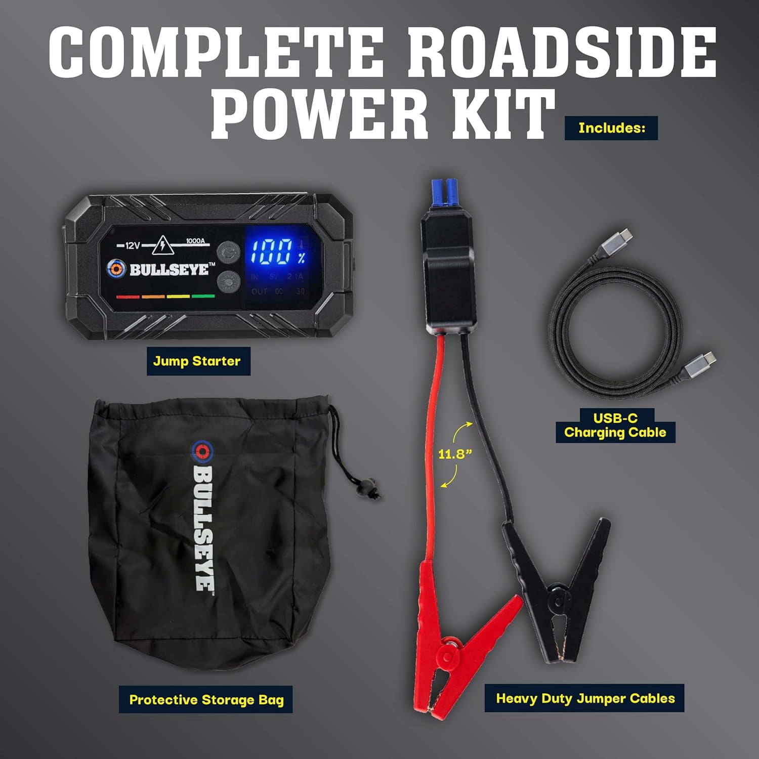 Bullseye Safety 1000A Car Battery Jump Starter Box with Jumper Cables, 12V Car Jump Starter Portable Booster for 6.0L Gas and 3.0L Diesel Engines, 2250 mAh Rechargeable, Reverse Polarity Protection