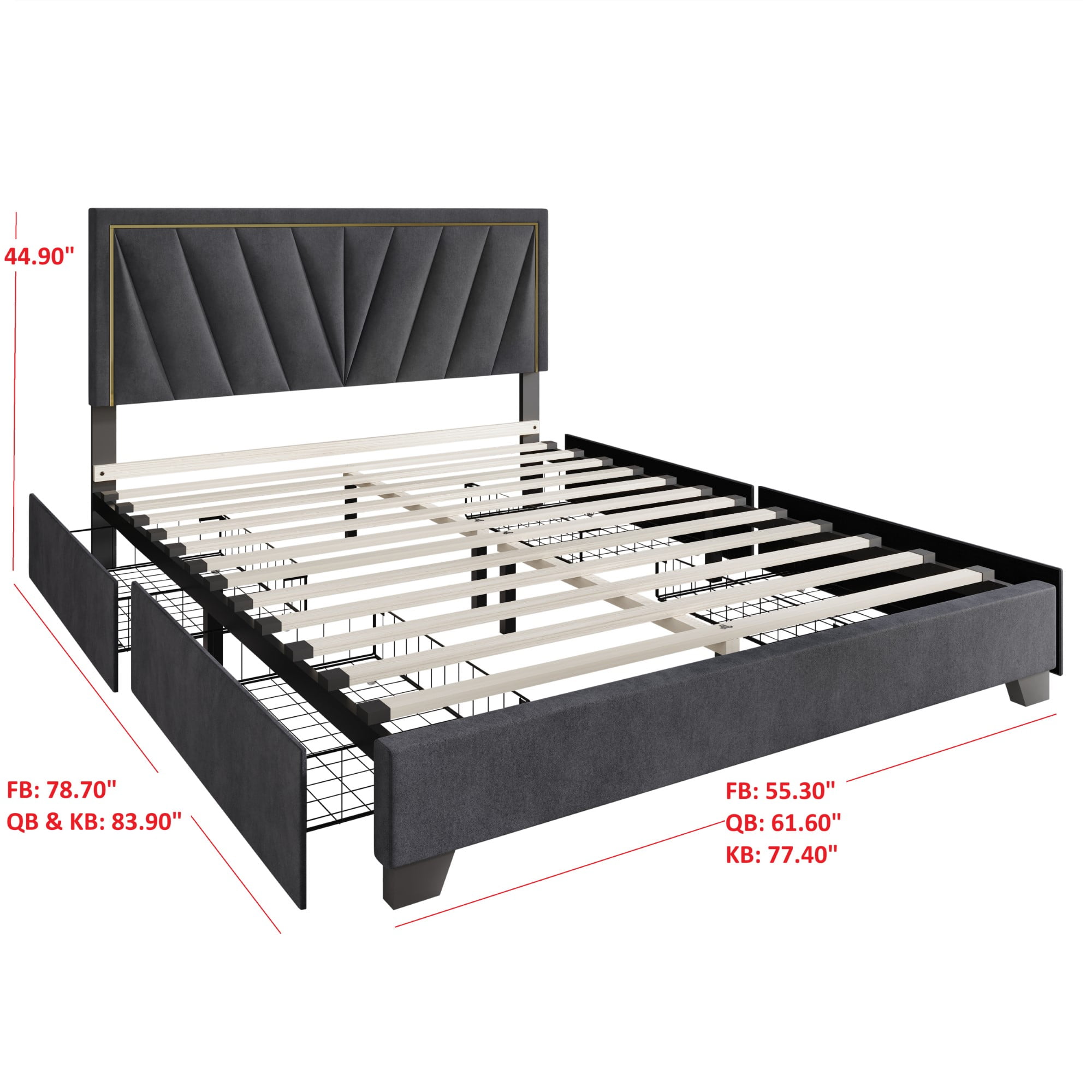 Home Design Valdez Full Upholstered Storage Platform Bed Frame with Gold Aluminum Trim and Four Under-Drawers, Dark Gray, Easy Assembly