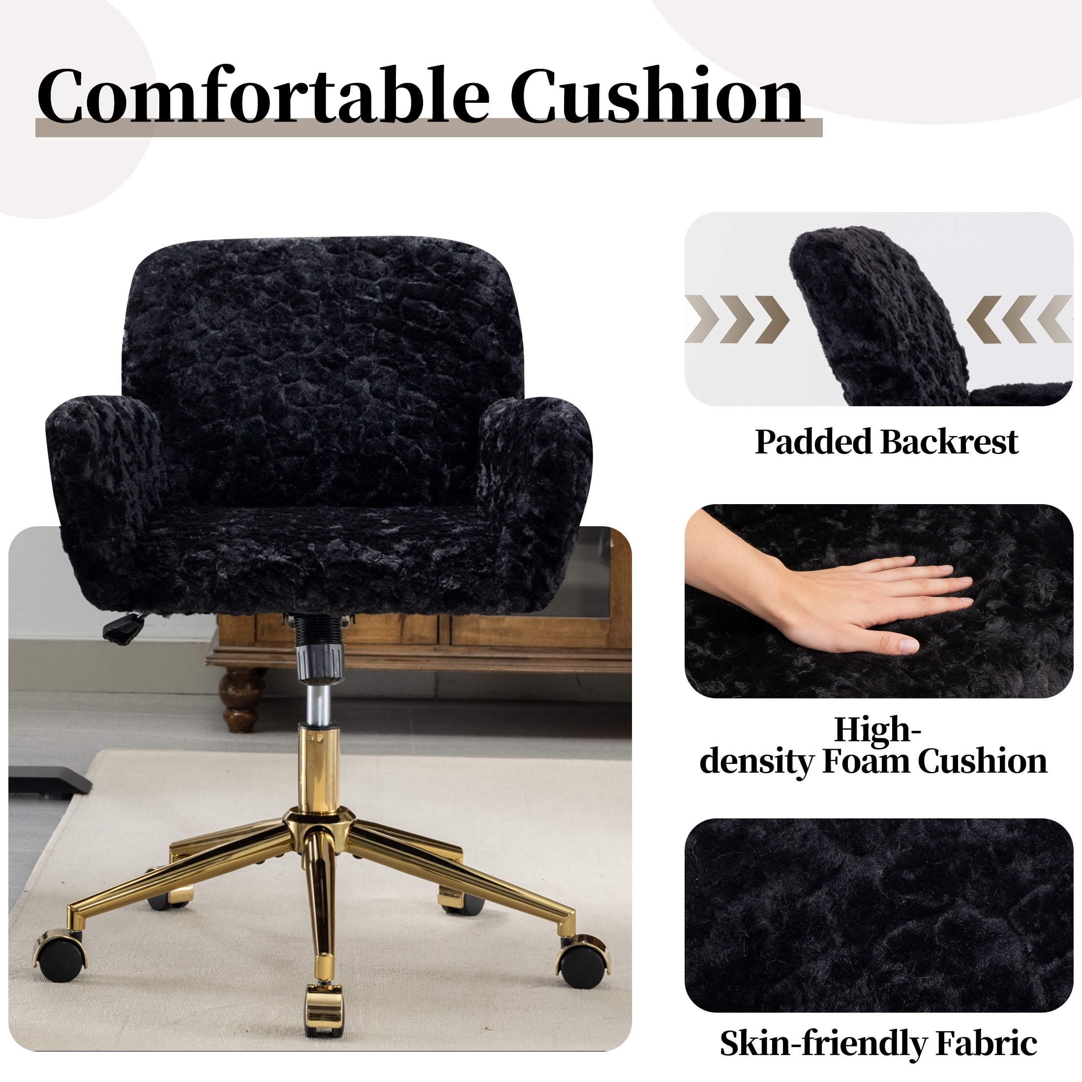 ENYOPRO Office Chair with Chrome Legs, Ergonomic Teddy Desk Chair Vanity Chair with Wheels, Modern Computer Chair for Home Office, Black