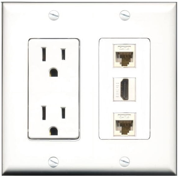 RiteAV - 15 Amp Power Outlet 1 Port HDMI 2 Port Cat6 Ethernet Ethernet White Decorative Wall Plate