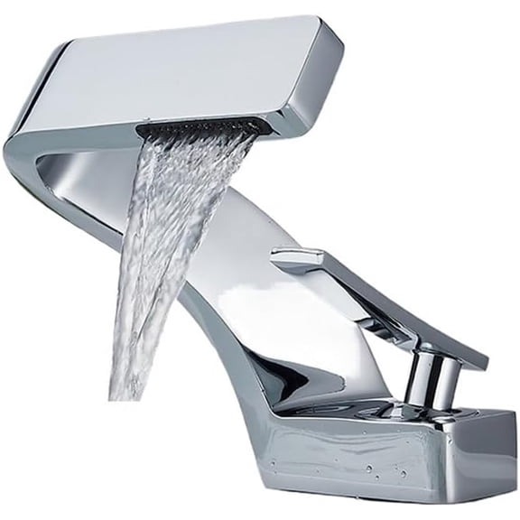 Zovajonia Chrome Waterfall Basin Faucet, Single Hole Single Handle Deck Mounted Bathroom Sink Faucet, Solid Brass Mixer Tap with Two Hoses
