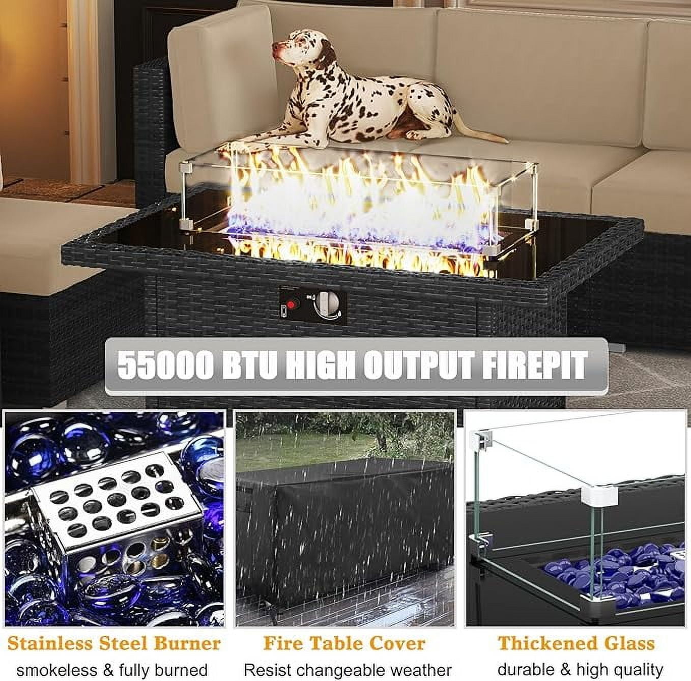 LayinSun 8 Piece Patio Furniture Set with 44" Propane Gas Fire Pit Table, Outdoor Sectional Conversation Set Wicker Rattan Sofa Set with Coffee Table