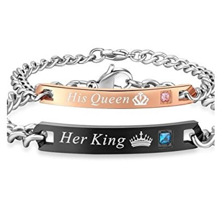 Matching Bracelets For Couples, Titanium Stainless Steel His Queen Her King Couple Bracelet, Couples Lovers Bracelets Set For Him and Her, 2