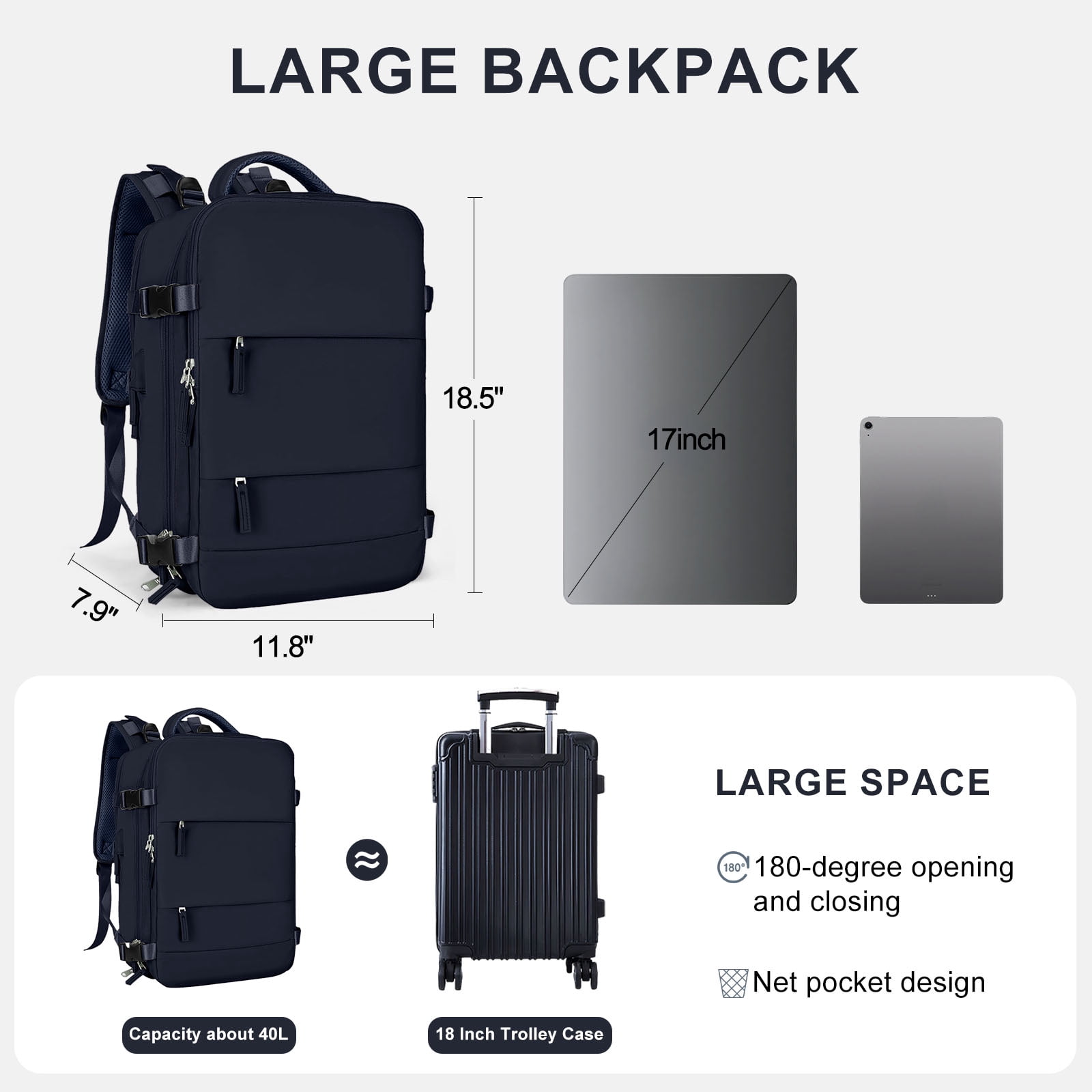 DAKIMOE Large Travel Backpack for Women Men Laptop Bag Airline Approved Carry On Backpacks Waterproof Anti Theft Gym Bags Hiking Flight Approved Luggage Casual Daypack, Large, Dark Blue