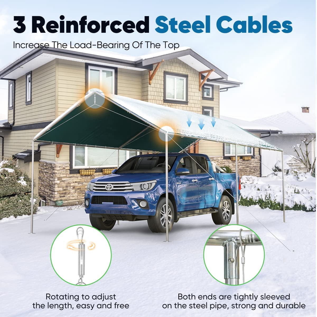 Quictent 10X20ft Heavy Duty Carport Outdoor Car Canopy with 3 Reinforced Steel Cables-Green