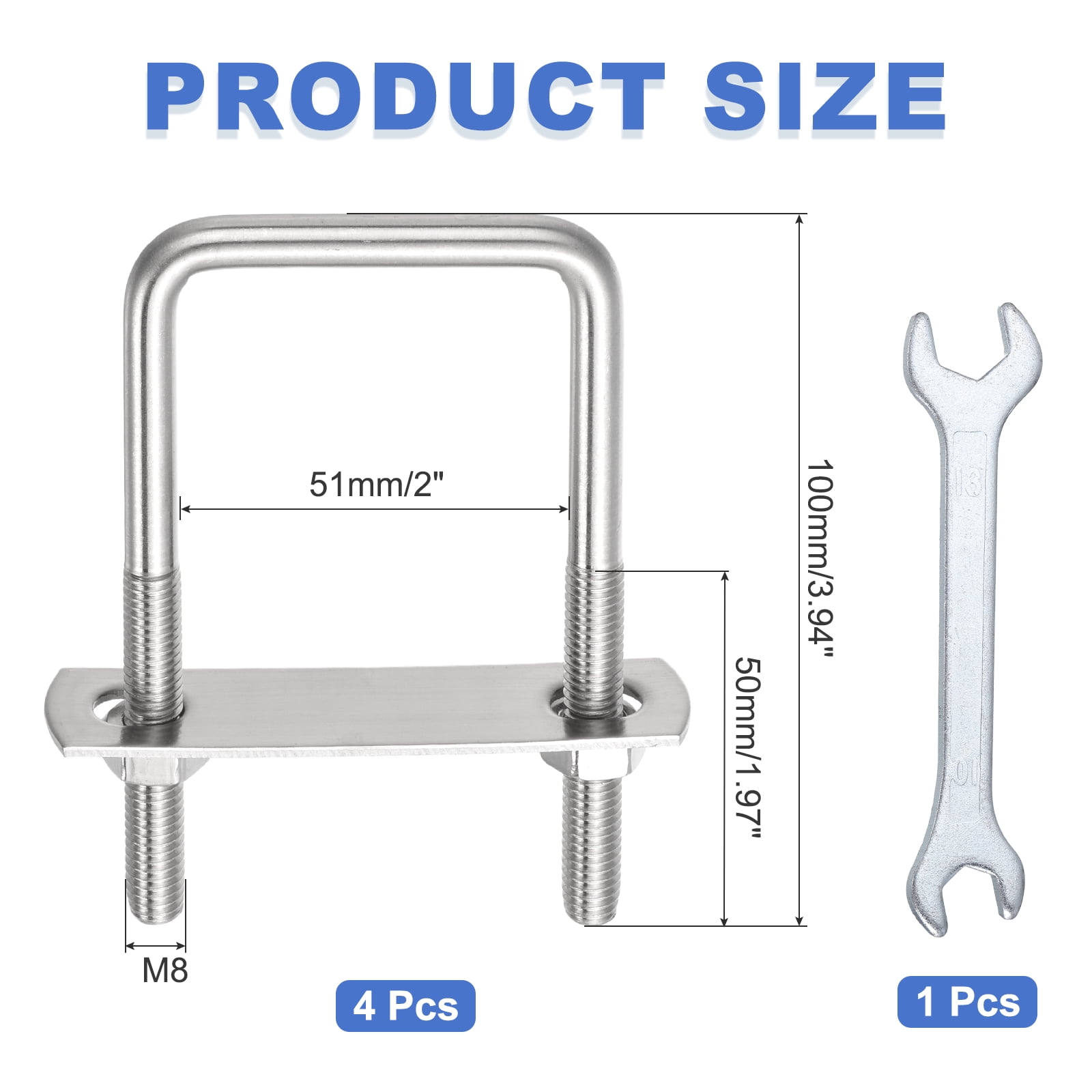 Uxcell 4Pcs M8 U-Bolts, Square Bend U Bolts with Nuts Frame Plate Washers and Wrench for Trailers 2"(51mm) Inner Width 3.94"(100mm) Length