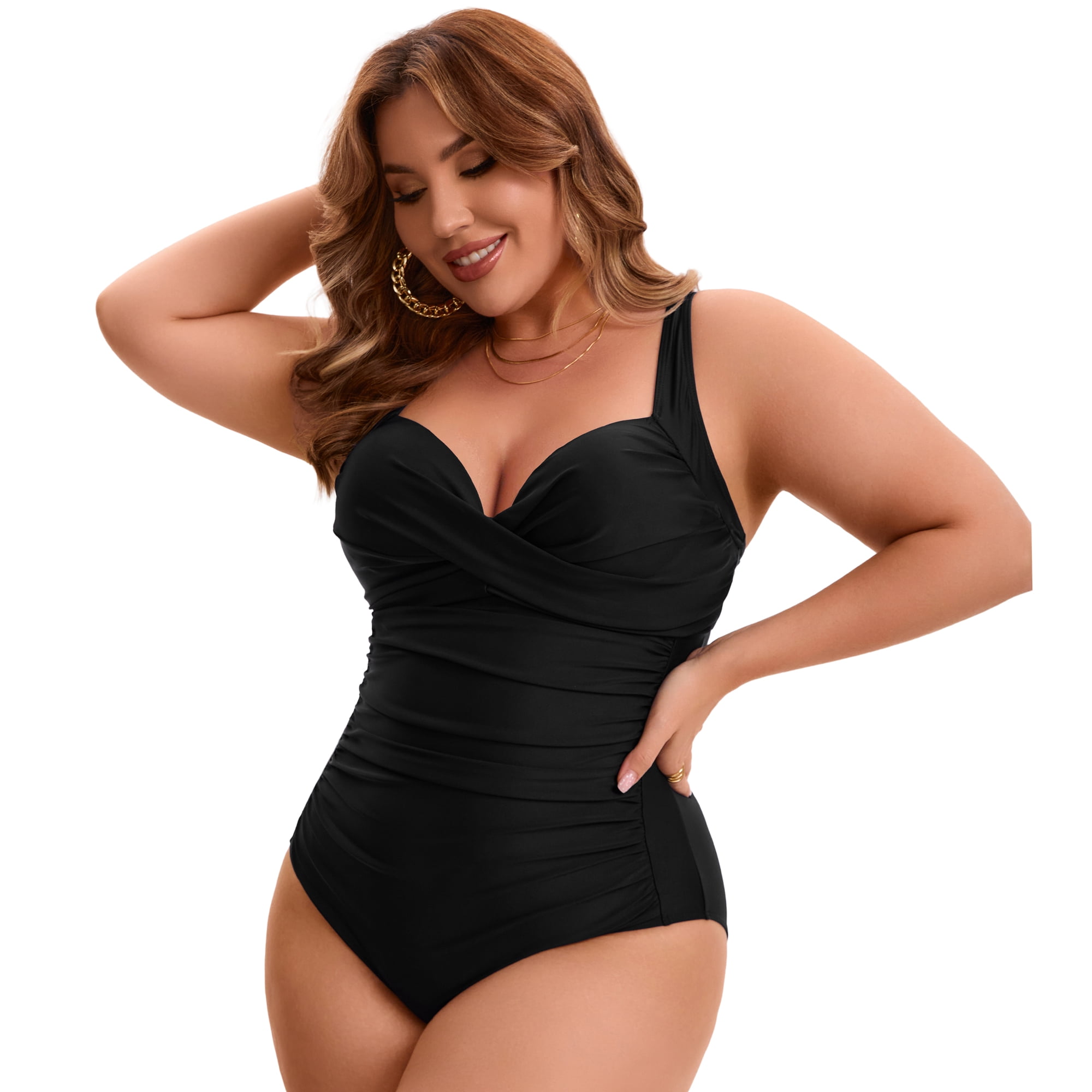 DARING DIVA Women's Plus 1 Piece Crisscross V-neck Swimsuit 2X Black