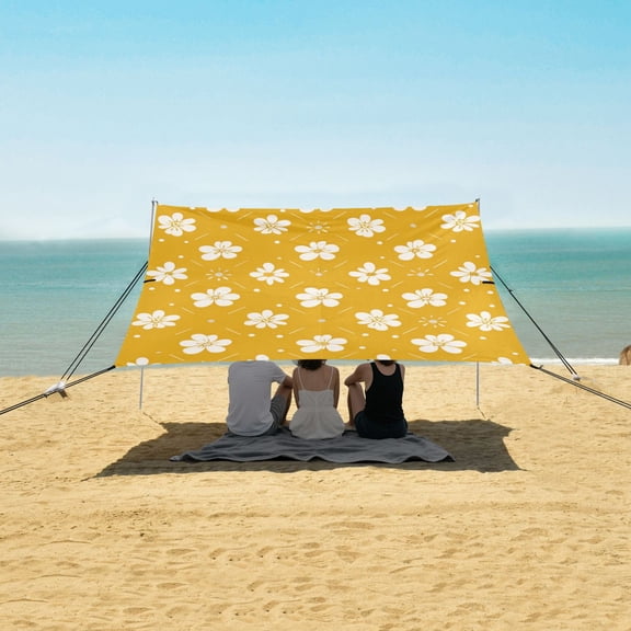 Portable Beach Tent Sun Shelter With Ground Pegs Water And Wind Resistant Sun Shade Canopy Angle Adjustable Flowers Pattern on Yellow Background