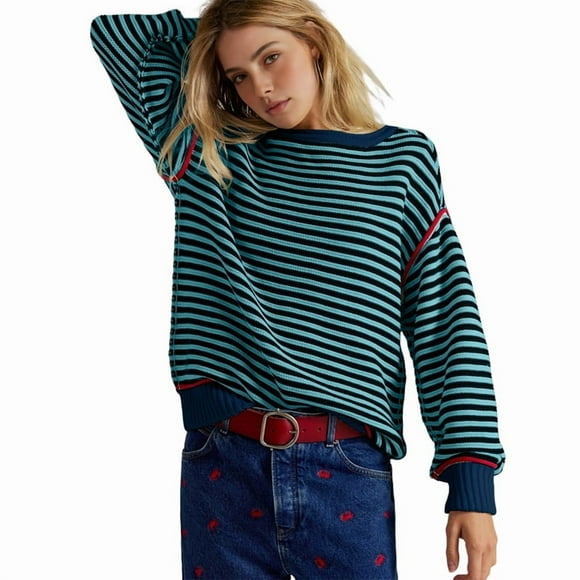 Women Striped Oversized Sweatshirt Crewneck Long Sleeve Shirts Hoodies 2026 Summer Fashion Pullover Top Navy Blue XL