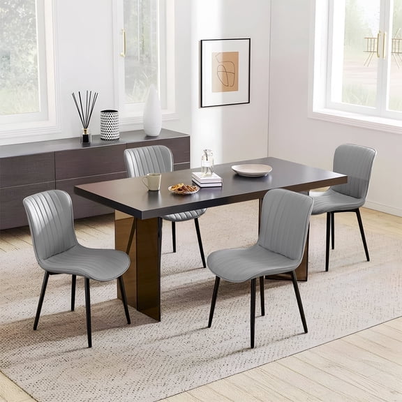 L'AGRATY Modern Dining Chairs Set of 4, PU Leather Upholstered Side Chairs with High Backrest, Kitchen Chair,Heavy Duty, Cushions & Durable Metal Legs for Kitchen, Dining Room,Restaurant,Grey