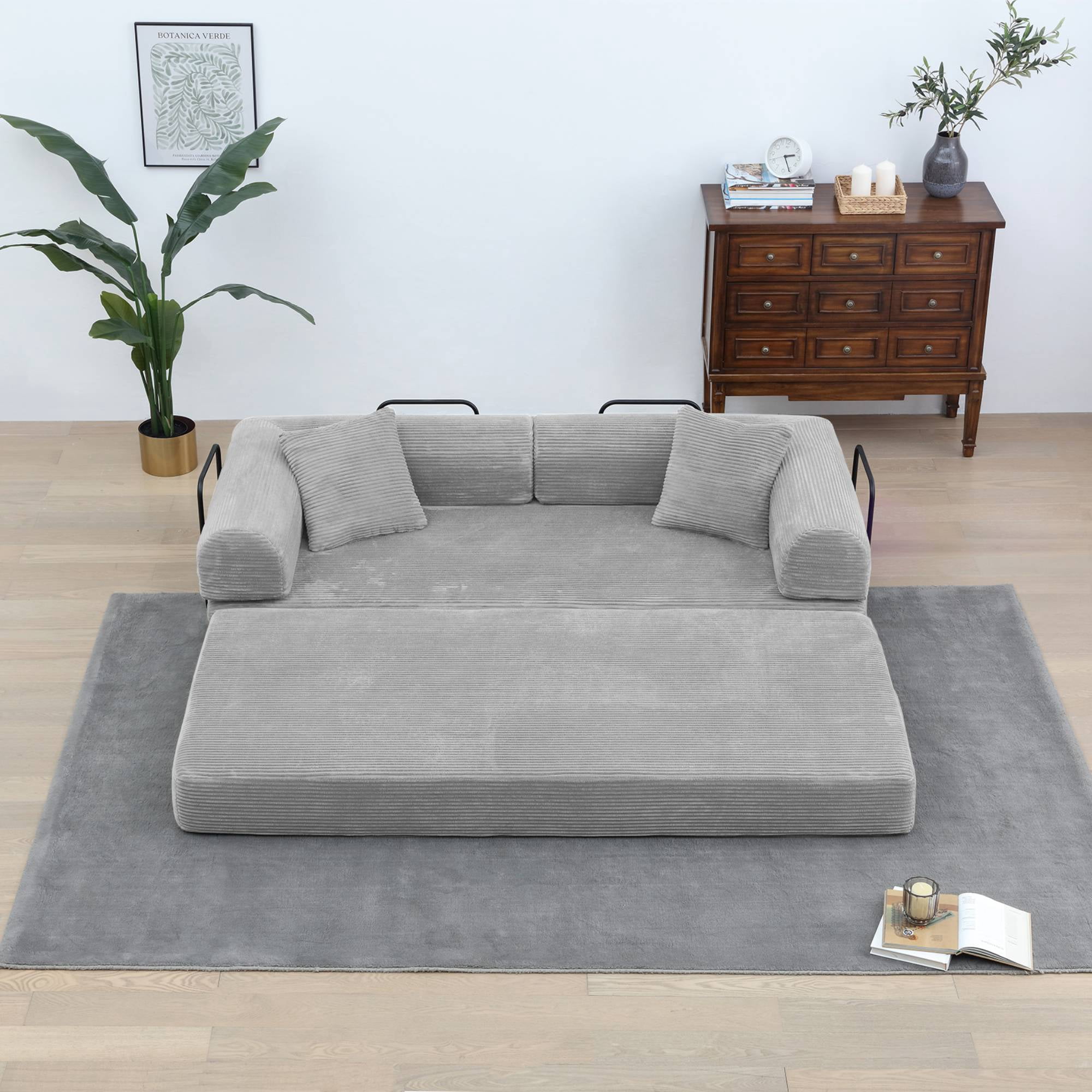 Convertible Sleeper Sofa Bed with Pillow, Corduroy Folding Mattress Floor Sofa Lounge Couch for Living Room, Bedroom, Light Grey