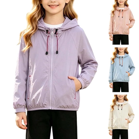 PureCasa Girls Windbreaker Hooded Jackets Lightweight Solid Color Zippered Hooded Casual Loose Jacket Sun Protection Top