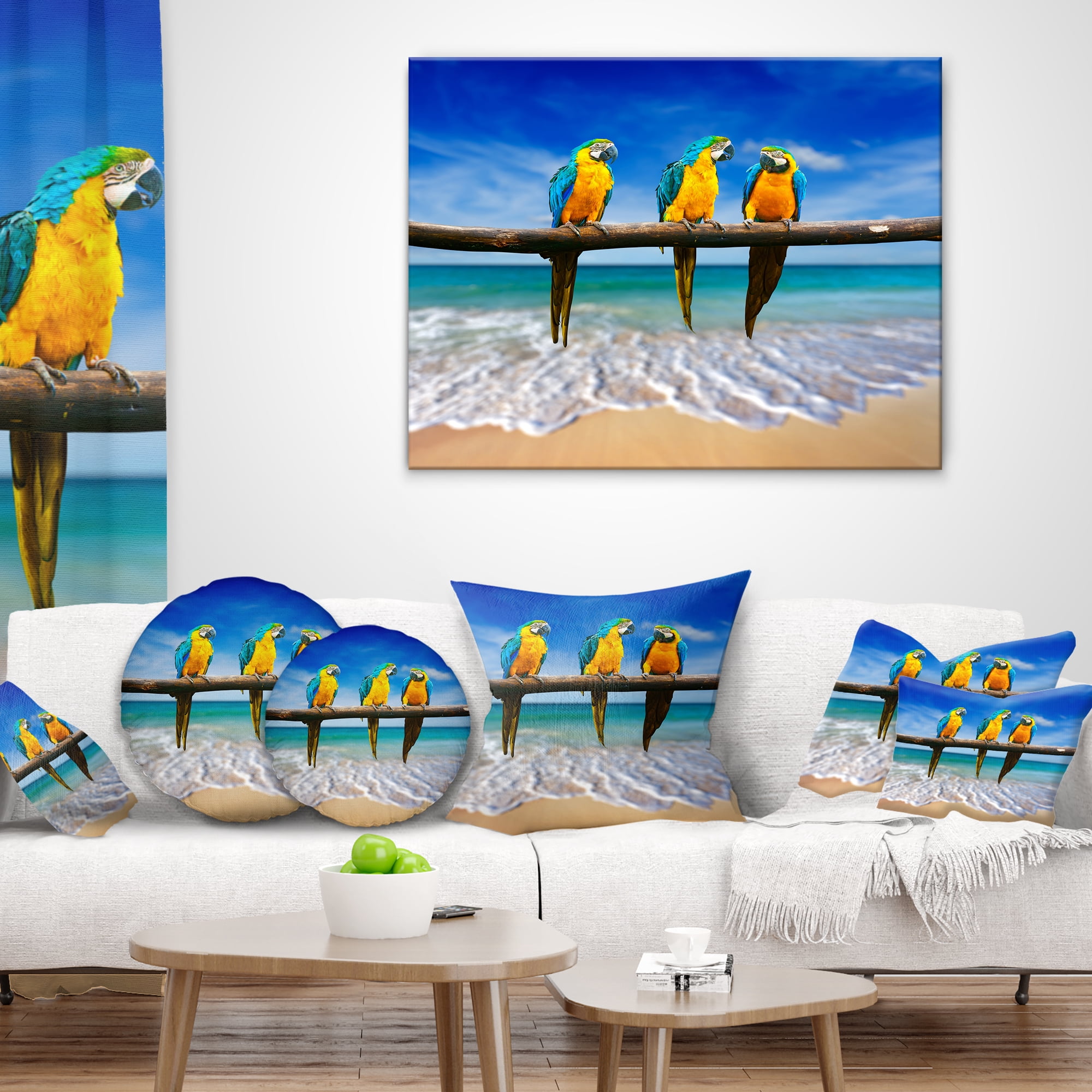 Designart Blue Gold Macaws at Beach - Seashore Photo Throw Pillow - 18x18