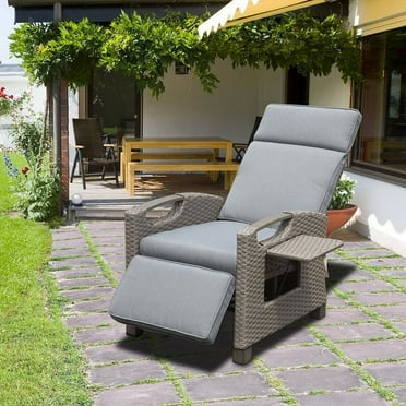 Buytoshop Outdoor Wicker Reclining Chair with Extended Footrest, Adjustable Lounge Recliner up to 150° with Flip Side Table,6.8'' Thickness Cushions for Indoor & Outdoor, Grey
