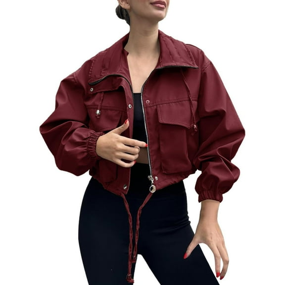 TKLPEHG Womens Cropped Jacket Zip Up Short Jackets Solid Color Button Lapel Long Sleeve Coat with Pockets (Wine,S)