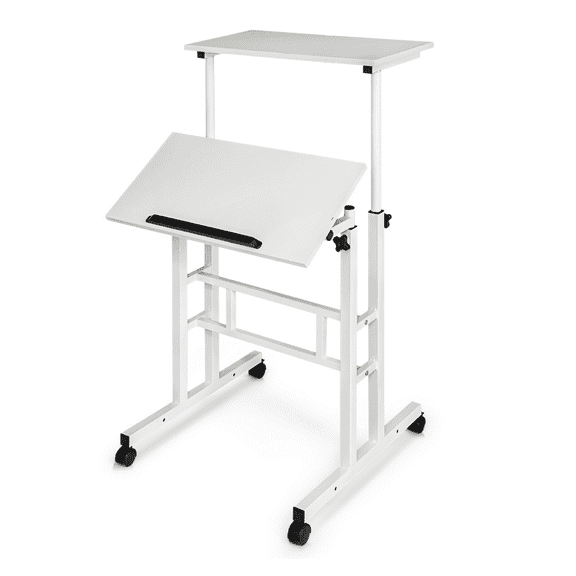 SKTPI Mobile Stand Up Desk Height Adjustable Computer Standing Rolling Laptop Cart Table with 2 Platforms for Home Office Classroom with Wheels, White
